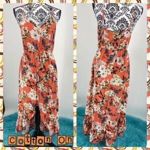 Cotton On orange floral button up ruffle midi dress spaghetti straps high low